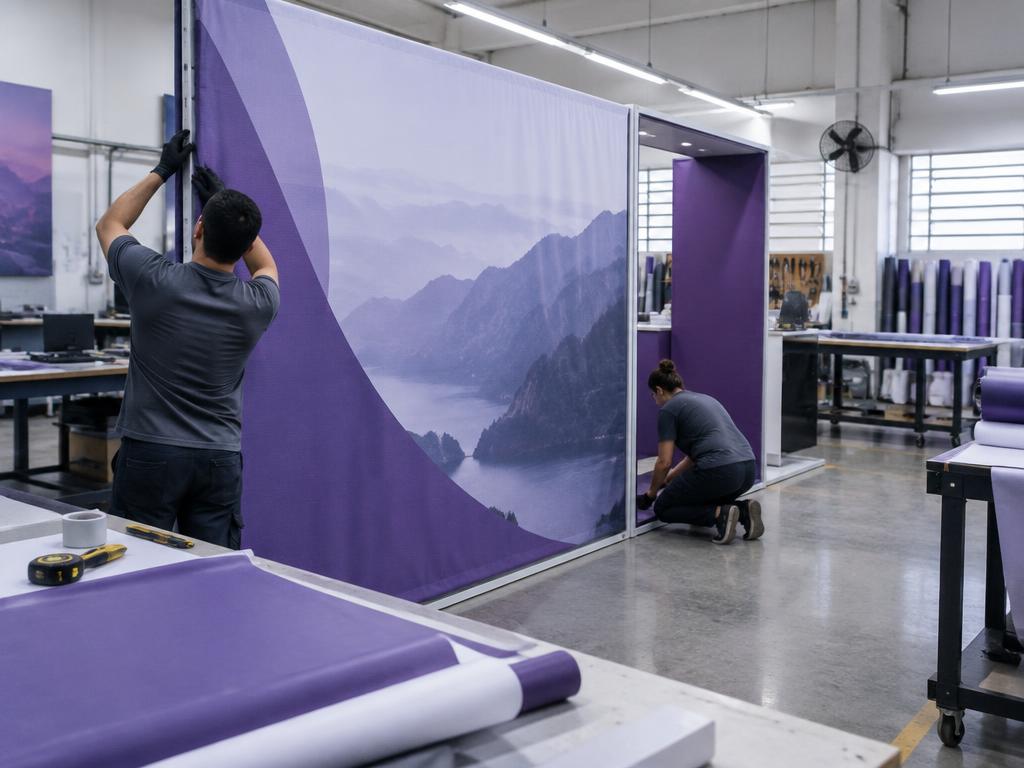 Montagem de backdrop em tecido dentro da produção Tcolor