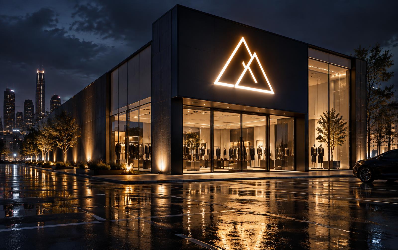 Fachada comercial moderna com letreiro iluminado refletido no piso molhado